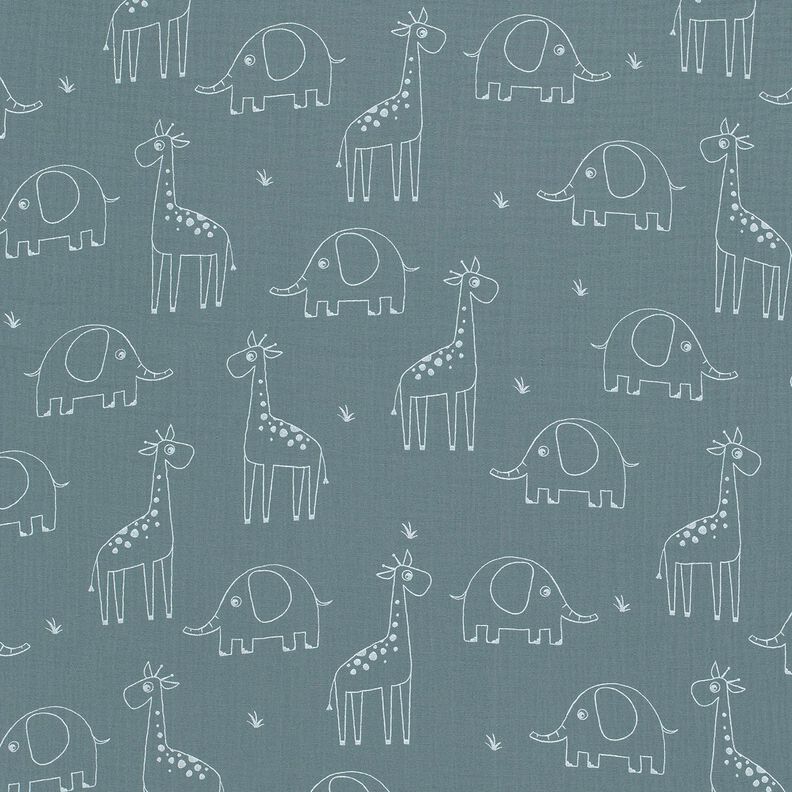 Muslin/Dubbel-krinkelväv stora giraffer och elefanter – duvblå,  image number 1