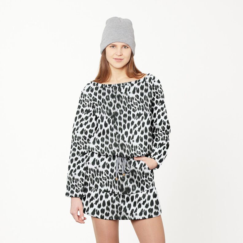 French Terry, borstad, snöleopard digitaltryck – svart/vit,  image number 5