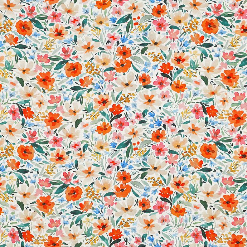 Viskostyg Blomsteräng digitaltryck – vit/brandgul,  image number 1
