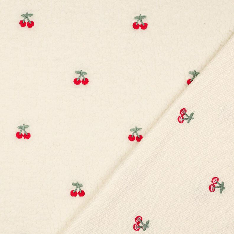 Teddyplysch broderade körsbär | Poppy Fabrics – elfenbensvit/chiliröd,  image number 4