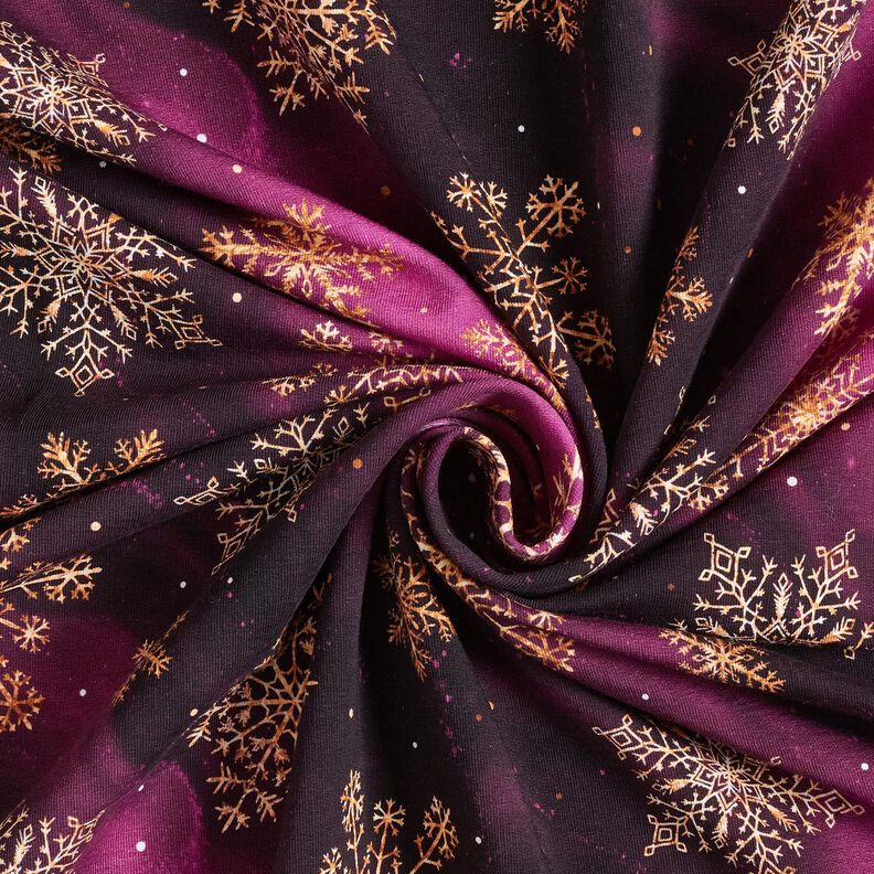 French Terry Sommarsweat snöflingor Vintergatan | Glitzerpüppi – aubergine/gammalguld,  image number 3