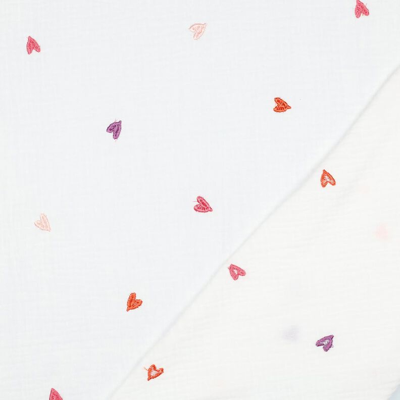 Muslin/Dubbel-krinkelväv broderade hjärtan | Poppy Fabrics – vit/rose, image number 4