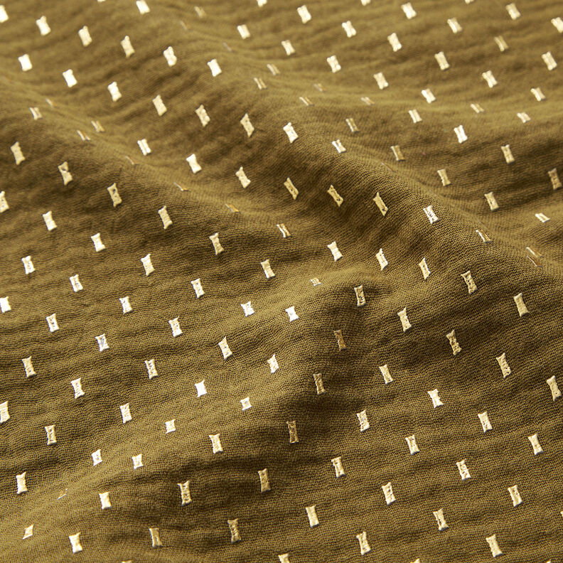 Muslin/Dubbel-krinkelväv Folietryck Små rutor – mörk-oliv/guld, image number 2