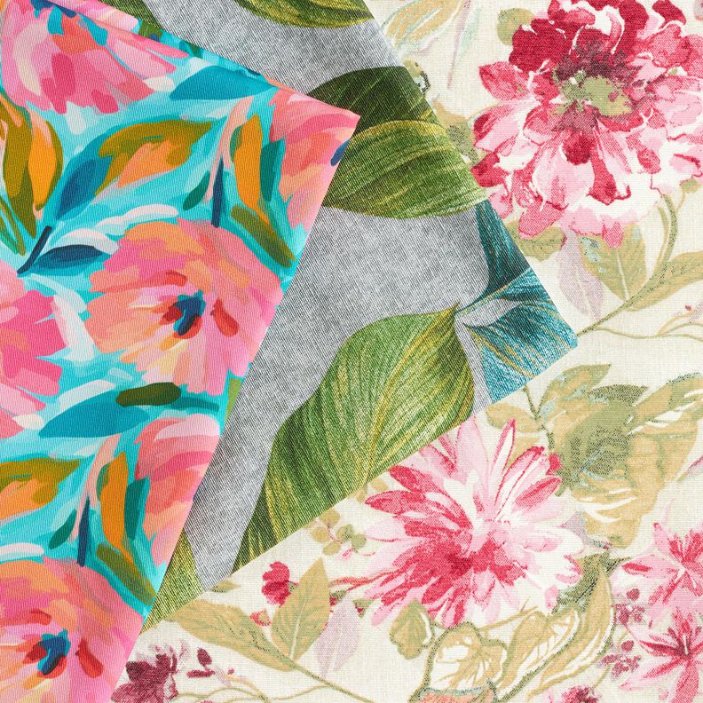 Dekorationstyg Bomullskypert målade blommor  – rosa/turkos,  image number 5