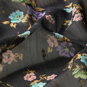 Crêpe Chiffong blommor och gulddroppar – svart/guldmetallic, 