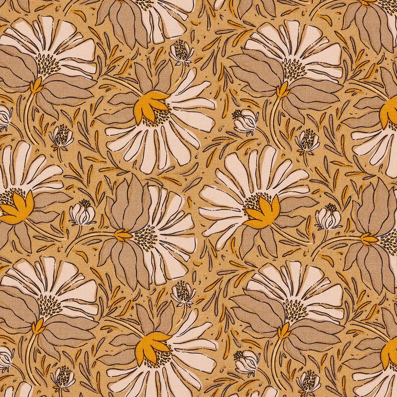 Dekorationstyg Halvpanama Stora blommor – mörkbeige/currygul, image number 1
