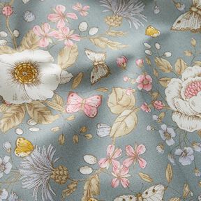 Dekorationstyg Halvpanama blomsterträdgård – duvblå/rosa, 