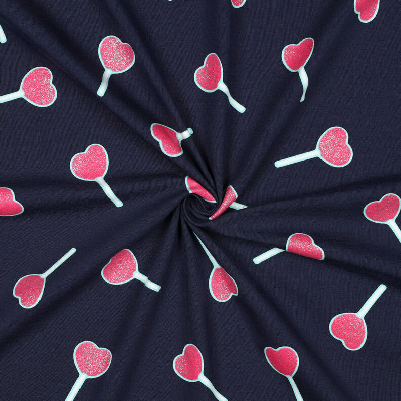 Bomullsjersey Glittriga hjärtklubbor | Poppy Fabrics – nattblå,  image number 3