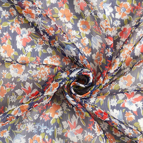 Chiffong plissé spridda blommor – marinblått, image number 3