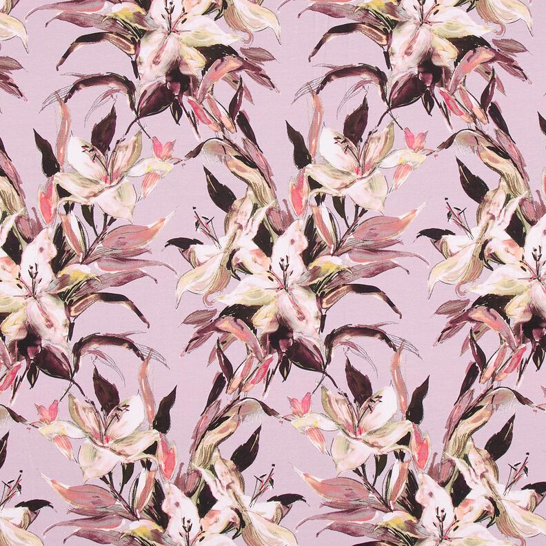 Bomullsjersey Digitaltryck med stora liljor – pastellviolett/gråbeige, image number 1
