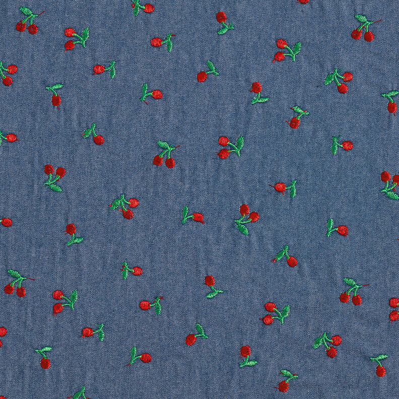 Chambray broderade körsbär – jeansblå,  image number 1