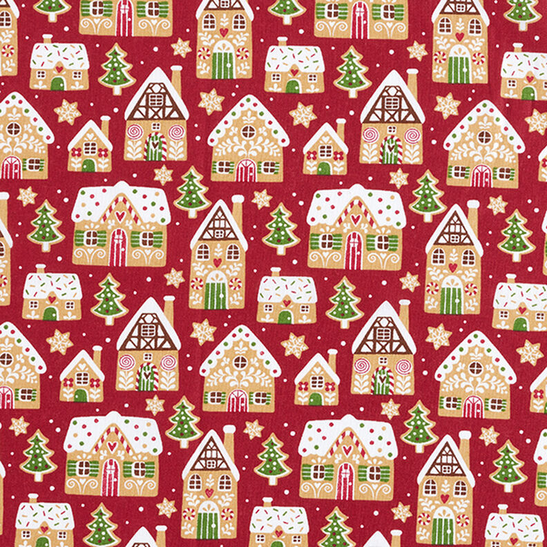 Bomullstyg Kretong pepparkakshus – karminröd, image number 1