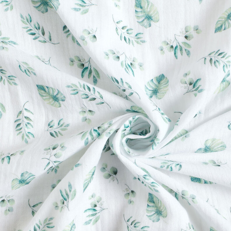 GOTS Muslin/Dubbel-krinkelväv Djungelblad | by Poppy – vit/ljus mint, image number 3