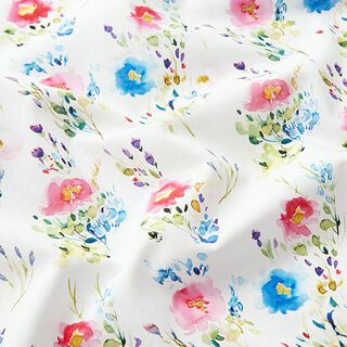 Bomullspoplin akvarell-blomsteräng Digitaltryck  – vit, 