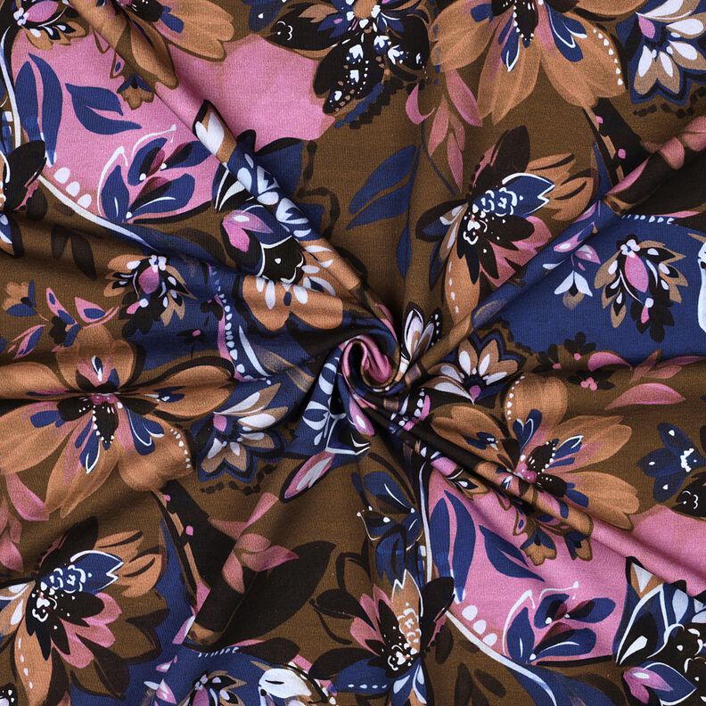 French Terry Sommarsweat Målade blommor Digitaltryck – indigo/brun,  image number 3