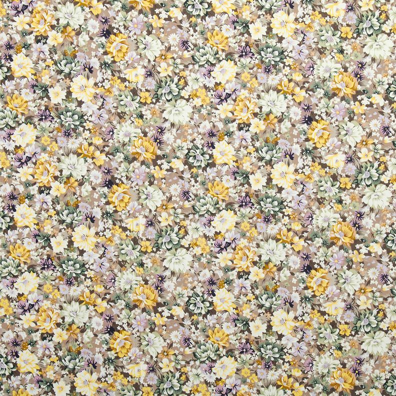 Bomullspoplin romantiska blommor – lilagrå/guld,  image number 1