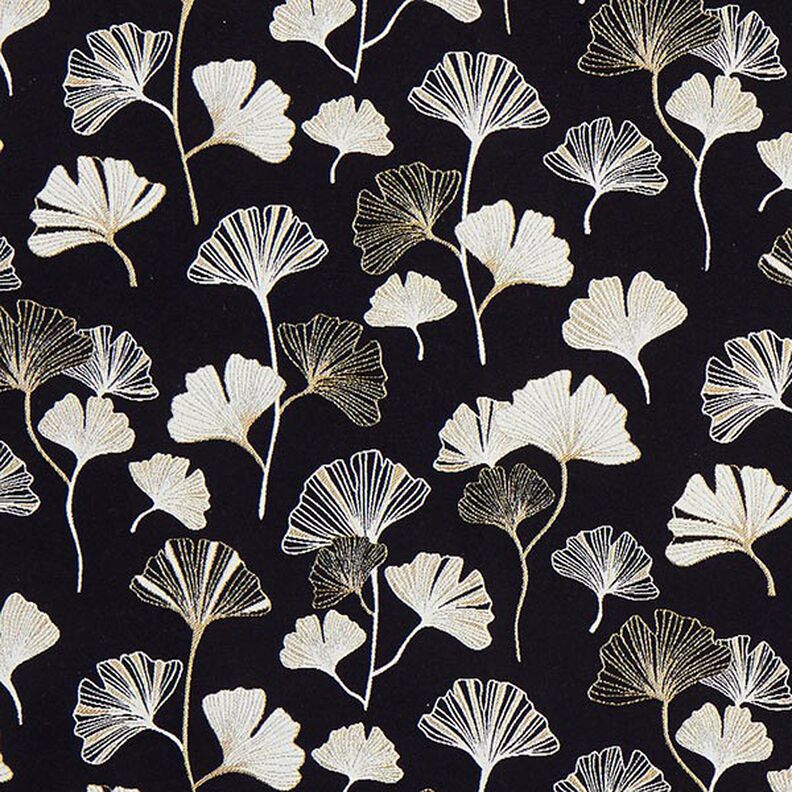 Dekorationstyg Jacquard Ginkgoblad – svart/guld,  image number 1