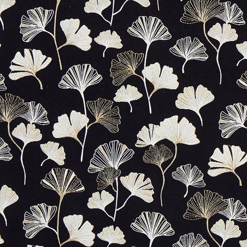 Dekorationstyg Jacquard Ginkgoblad – svart/guld,  image number 1