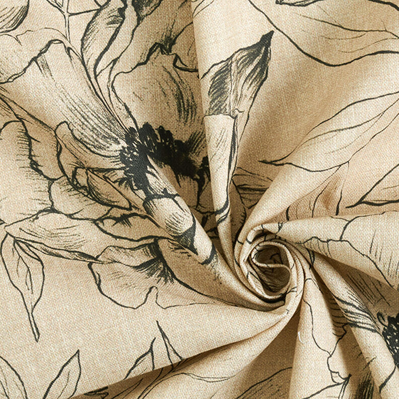 Dekorationstyg Halvpanama tecknade blommor – anemon/svart,  image number 3
