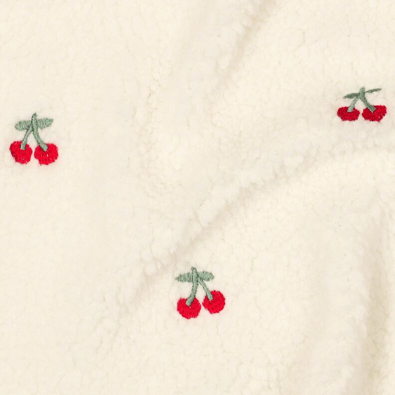Teddyplysch broderade körsbär | Poppy Fabrics – elfenbensvit/chiliröd,  image number 2