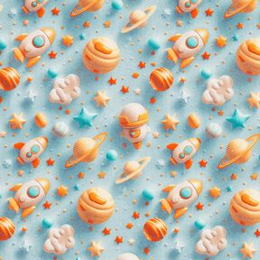 Bomullspoplin Universum Digitaltryck &ndash; ljusbl&aring;, 