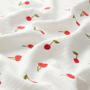 Muslin/Dubbel-krinkelväv Broderade körsbär | Poppy Fabrics – vit/eldröd, 