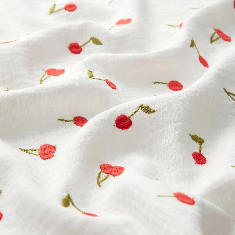 Muslin/Dubbel-krinkelväv Broderade körsbär | Poppy Fabrics – vit/eldröd,  image number 2