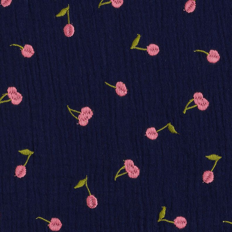Muslin/Dubbel-krinkelväv Broderade körsbär | Poppy Fabrics – nattblå/rosa,  image number 1