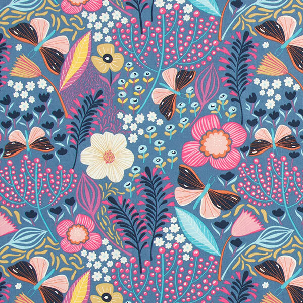 Bomullstyg Kretong fjärilar och blommor – blågrått/pink,  image number 1