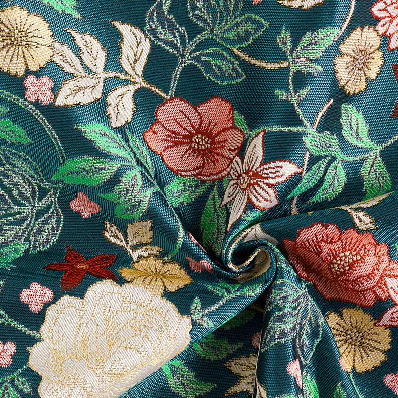 Dekorationstyg Jacquard Vintageblommor – petrol/mörkröd, image number 3