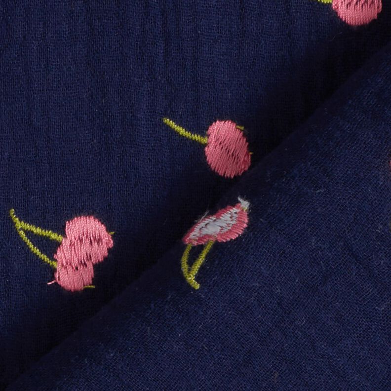 Muslin/Dubbel-krinkelväv Broderade körsbär | Poppy Fabrics – nattblå/rosa,  image number 4