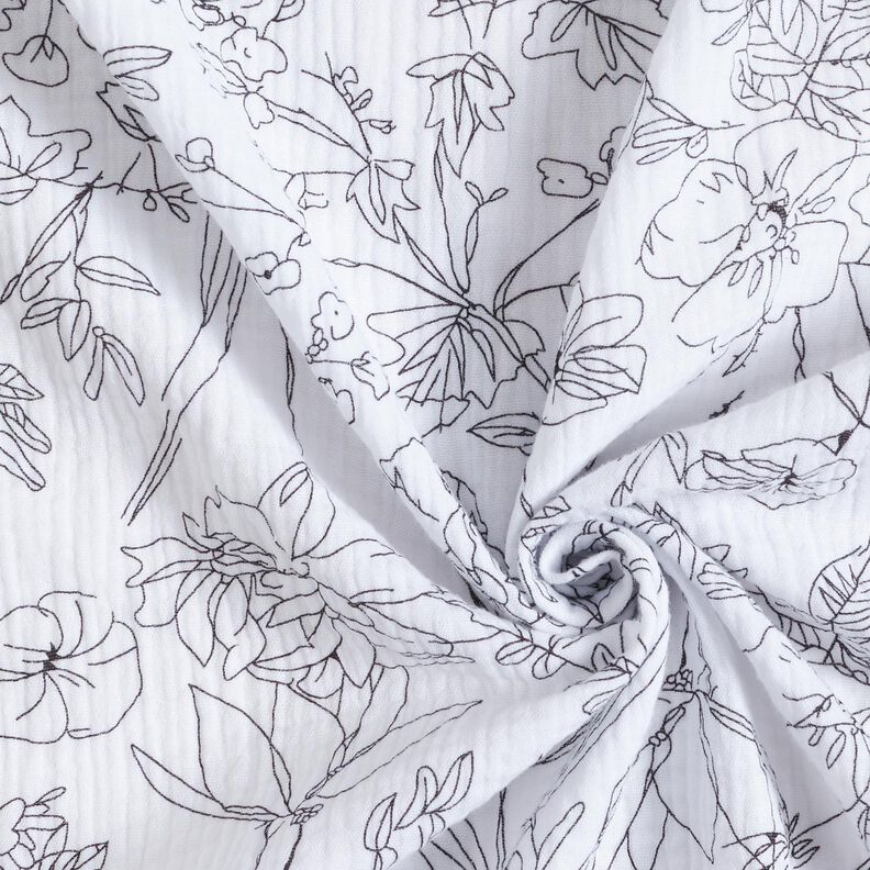 Muslin/Dubbel-krinkelväv Målad blomsteräng – vit/svart,  image number 3