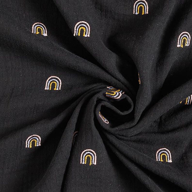 Muslin/Dubbel-krinkelväv broderade regnbågar – svart,  image number 3