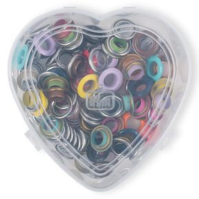 &Ouml;glor med brickor, i hj&auml;rtformad l&aring;da [8 mm] | Prym, 