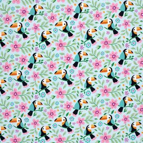 Bomullsjersey Tukaner i blomsterdjungeln – babyblått/brandgul, 