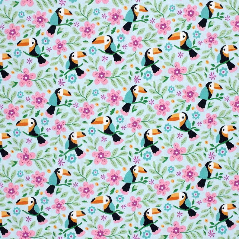 Bomullsjersey Tukaner i blomsterdjungeln – babyblått/brandgul, image number 1