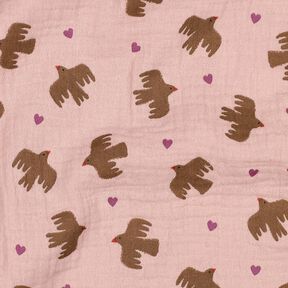 GOTS Muslin/Dubbel-krinkelväv Fåglar och hjärtan | Poppy Fabrics – gammalt rosa, 