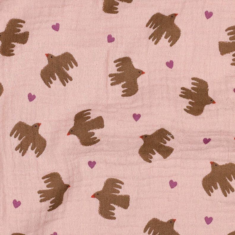GOTS Muslin/Dubbel-krinkelväv Fåglar och hjärtan | Poppy Fabrics – gammalt rosa, image number 3