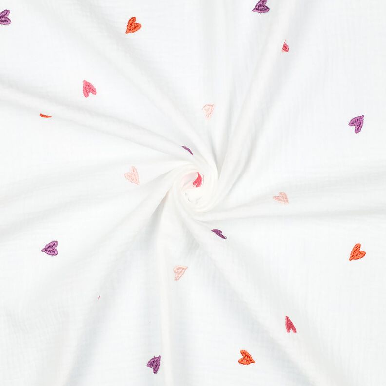 Muslin/Dubbel-krinkelväv broderade hjärtan | Poppy Fabrics – vit/rose, image number 3