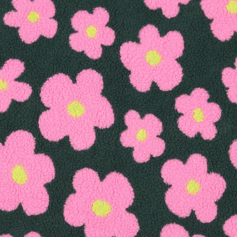 Teddyplysch Blommor | Poppy Fabrics – mörkgrön/pink, image number 1