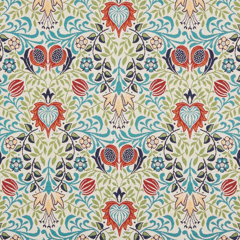 Dekorationstyg Gobeläng symmetriska rankor – ljusbeige/turkos, image number 1