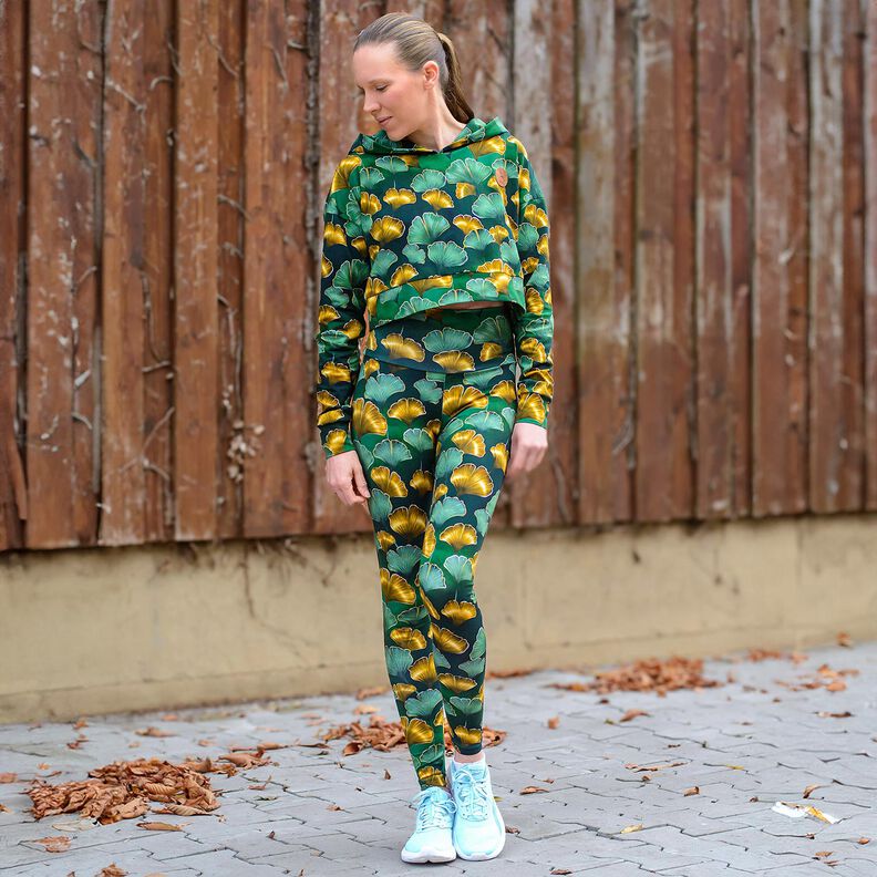 Bomullsjersey Ginkgo | Glitzerpüppi – mörkgrön/gammalguld,  image number 8
