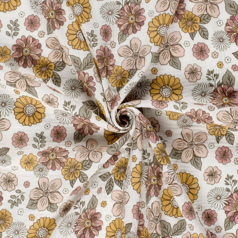 Muslin/Dubbel-krinkelväv retro-blommor – vit, image number 3