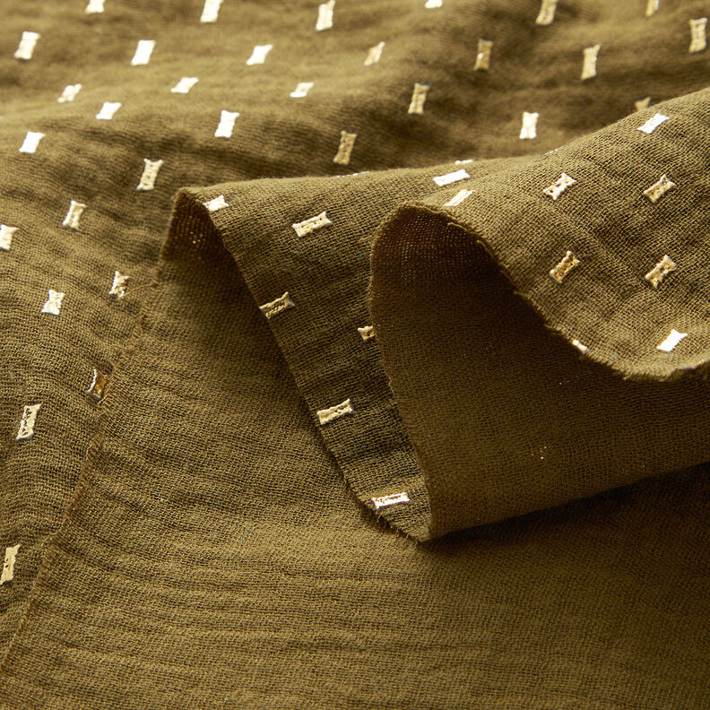 Muslin/Dubbel-krinkelväv Folietryck Små rutor – mörk-oliv/guld, image number 3
