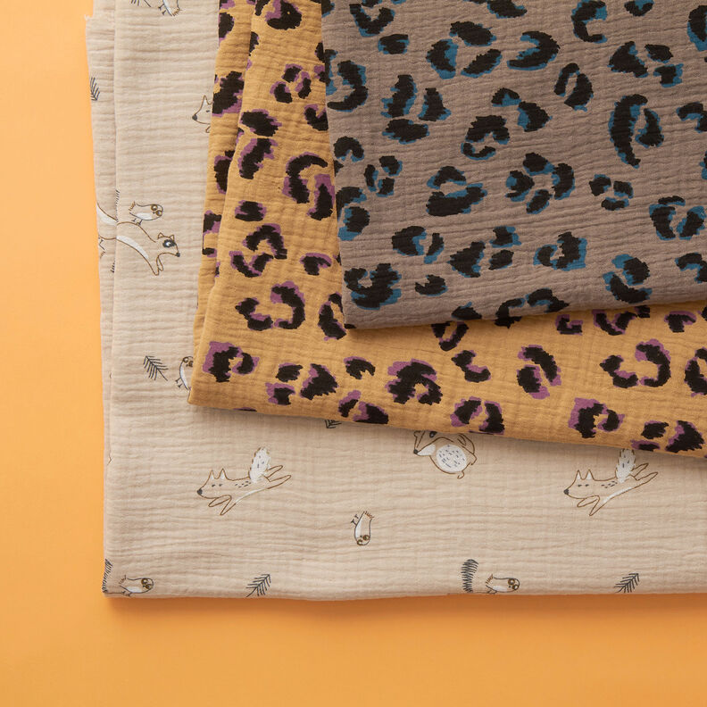 Muslin/Dubbel-krinkelväv Leopardmönster – gammalguld/rödlila,  image number 5