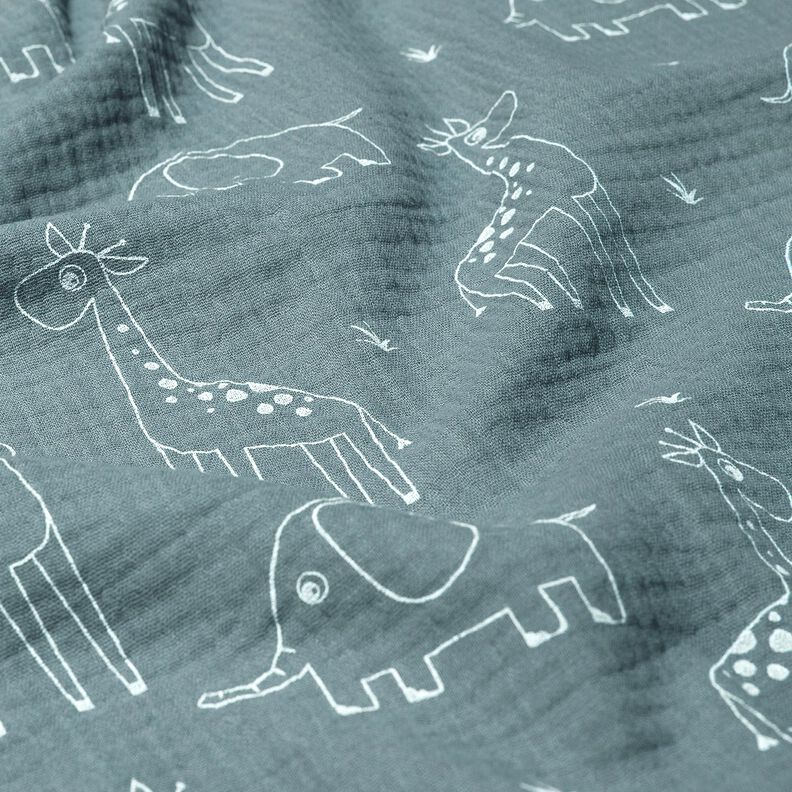 Muslin/Dubbel-krinkelväv stora giraffer och elefanter – duvblå,  image number 2