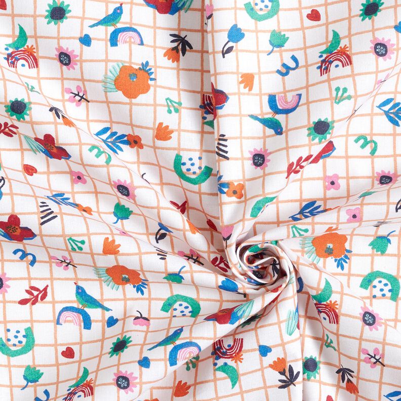 Bomullstyg Kretong rutor med blommor – vit/pepparmynta,  image number 3