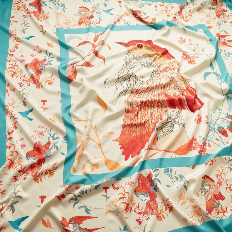 Satinpanel fåglar och älvor | Katia Fabrics – aquablå/kräm, image number 2