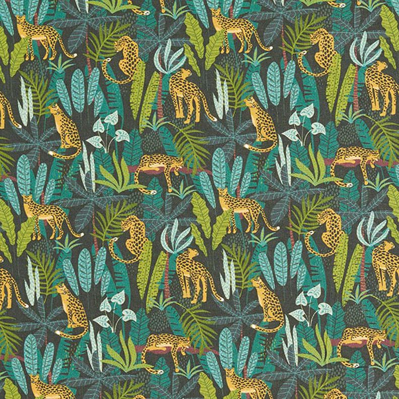 Dekorationstyg Bomullspoplin Leoparder i djungeln – grön/gul,  image number 1