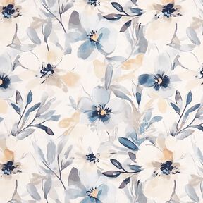 Dekorationstyg Halvpanama stora blommor – mandel/blå, 